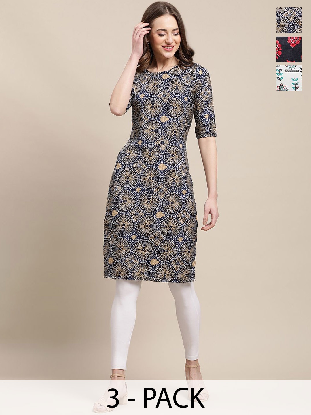 

7Threads Selection of 3 Floral Printed Straight Kurtas, Blue