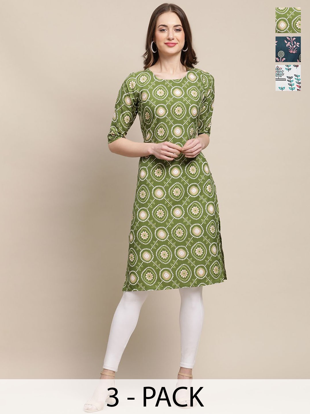 

7Threads Selection Of 3 Ethnic Motifs Printed Round Neck Regular Sleeves Straight Kurtas, Green