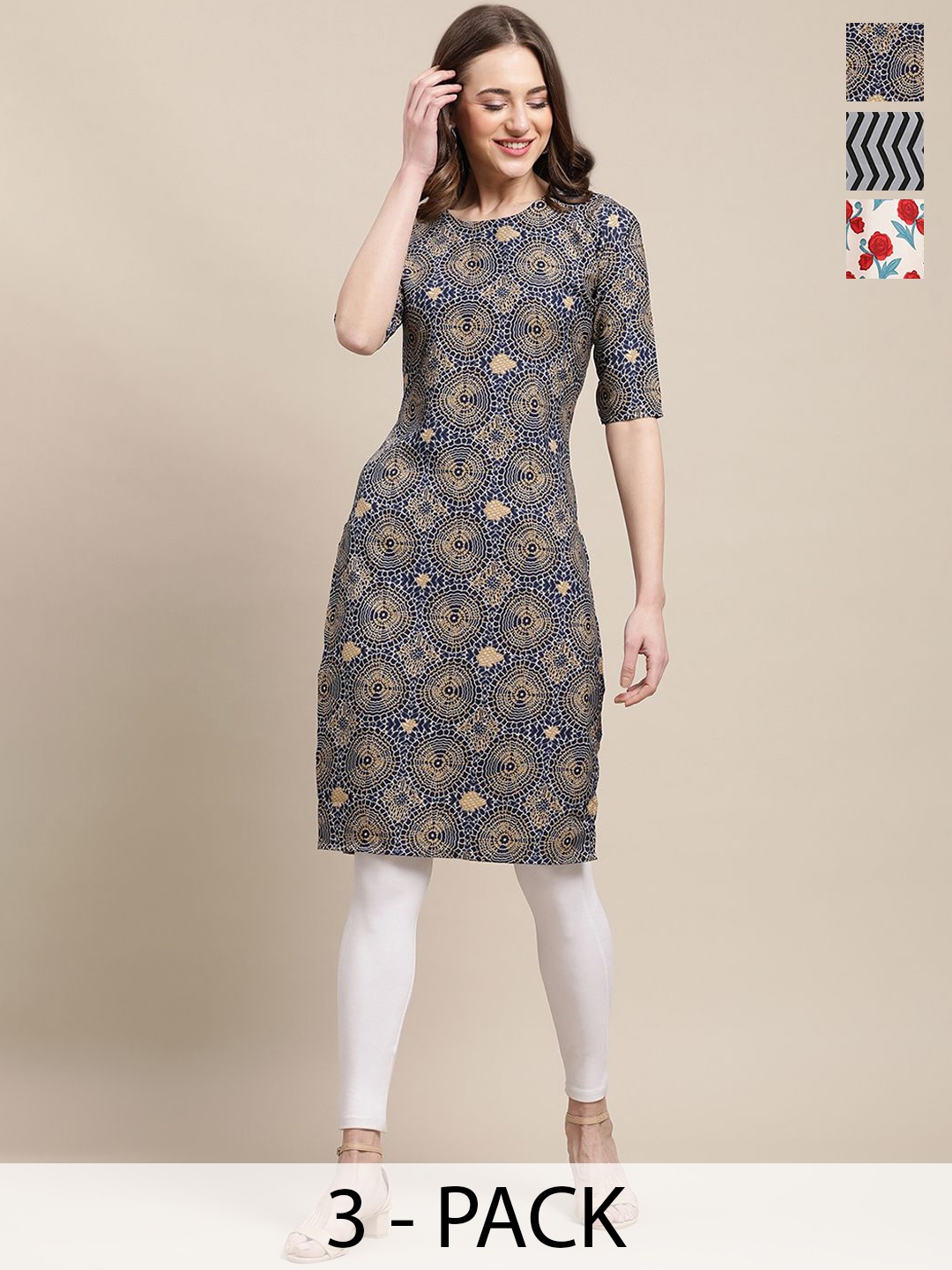 

7Threads Selection of 3 Floral Printed Round Neck Crepe Straight Kurtas, Navy blue