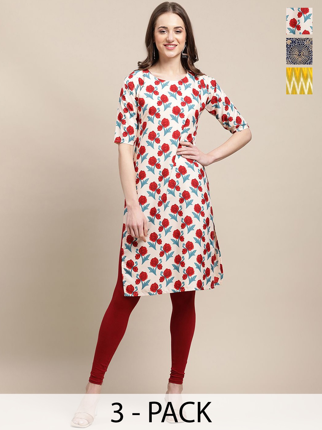 

7Threads Selection Of 3 Floral Printed Round Neck Regular Sleeves Straight Kurtas, White