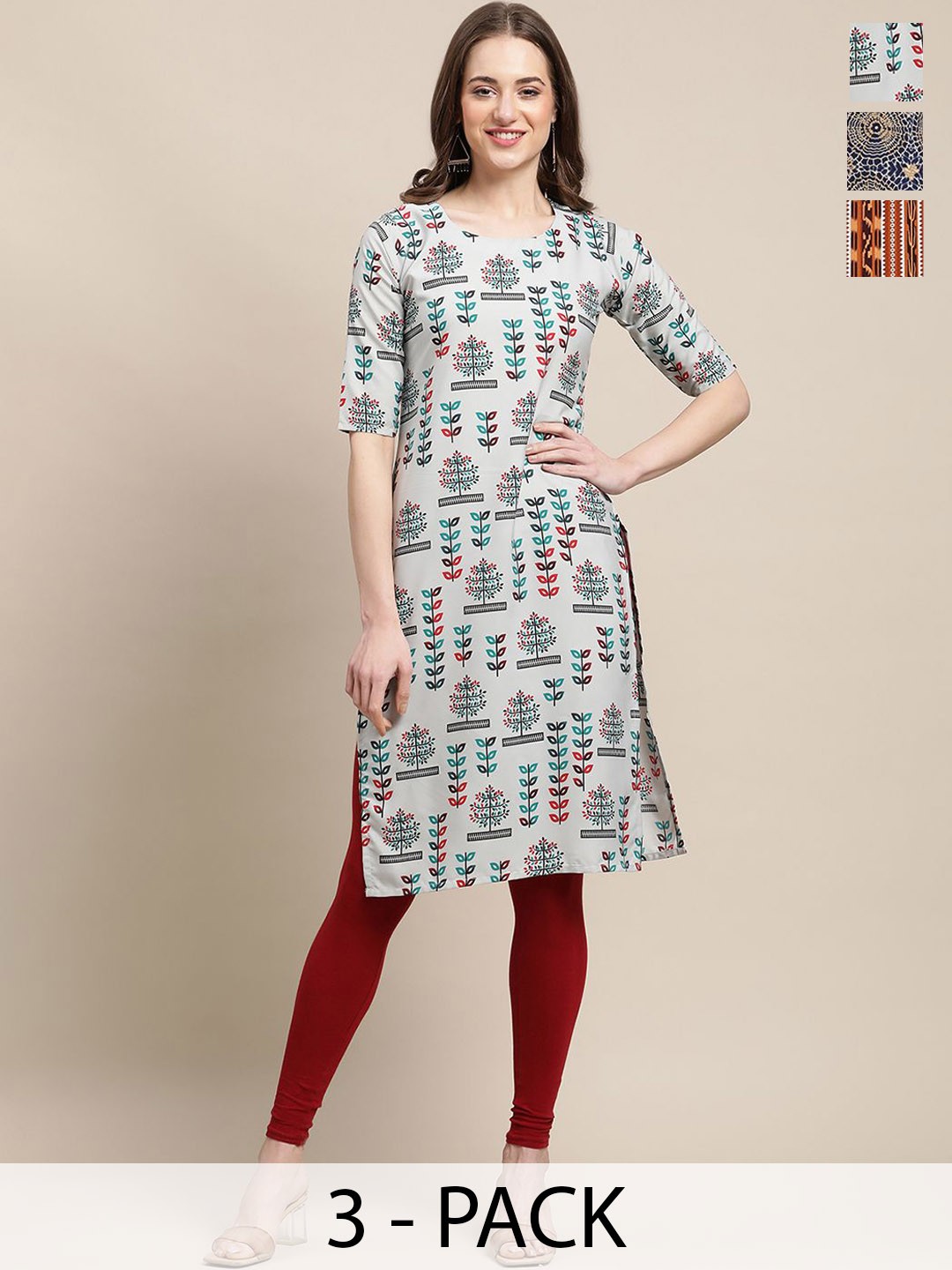 

7Threads Selection of 3 Ethnic Motifs Printed Round Neck Crepe Straight Kurtas, Green