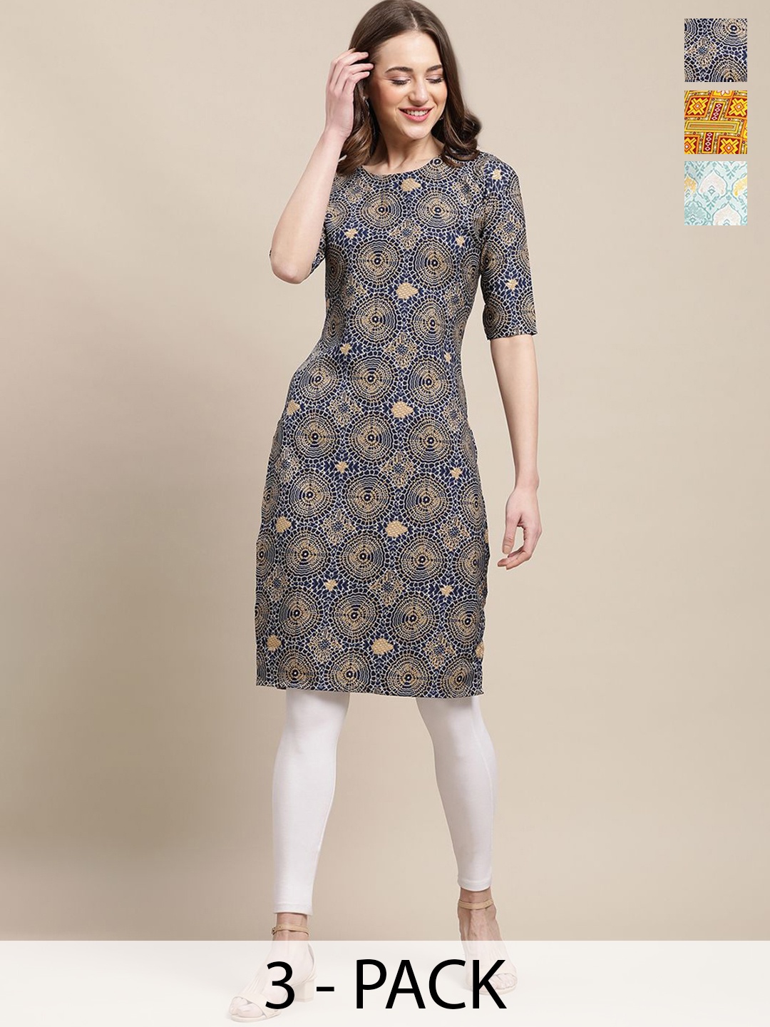 

7Threads Selection Of 3 Ethnic Motifs Printed Straight Kurtas, Navy blue