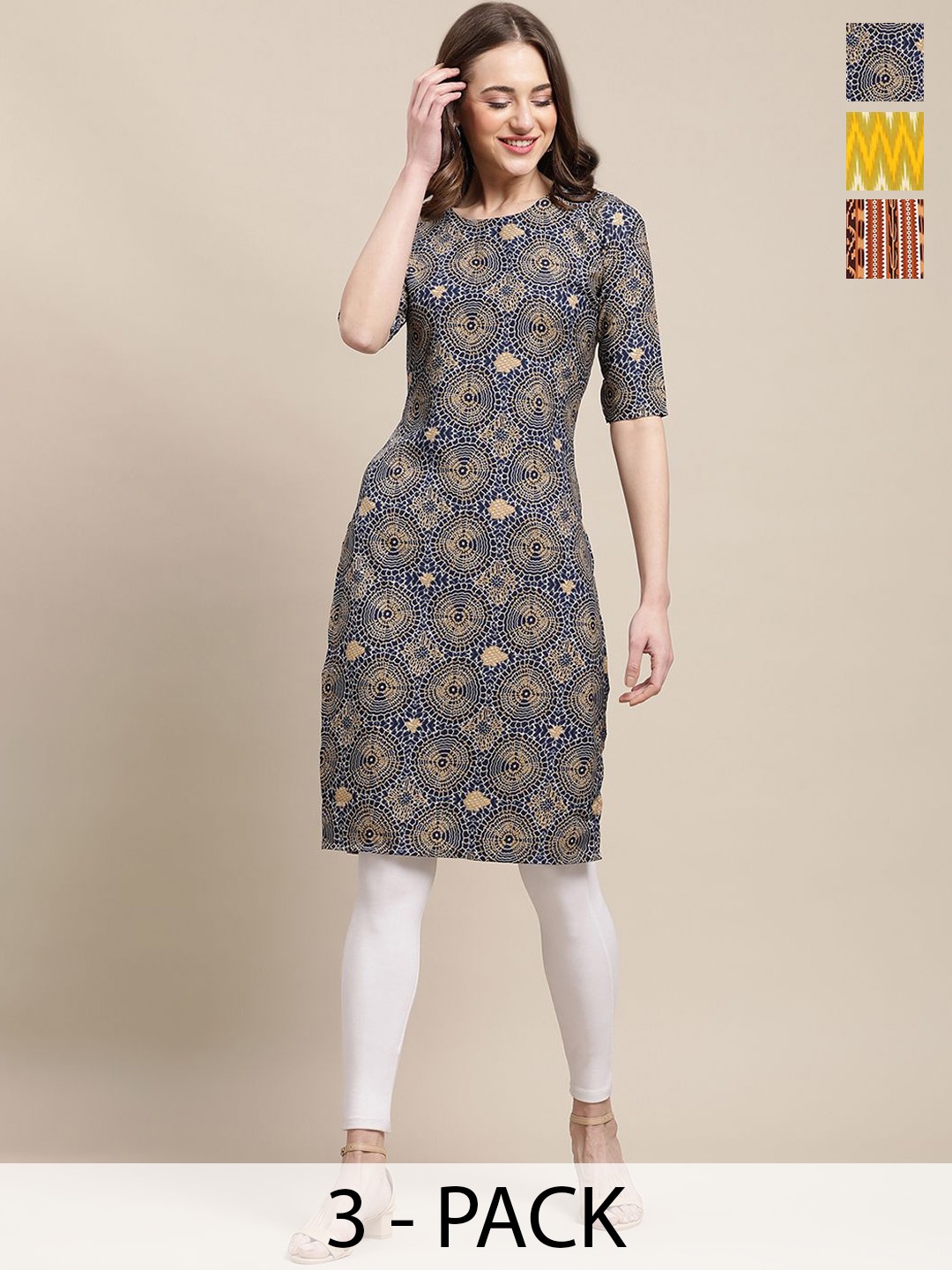 

7Threads Selection Of 3 Ethnic Motifs Printed Round Neck Crepe Straight Kurta, Navy blue