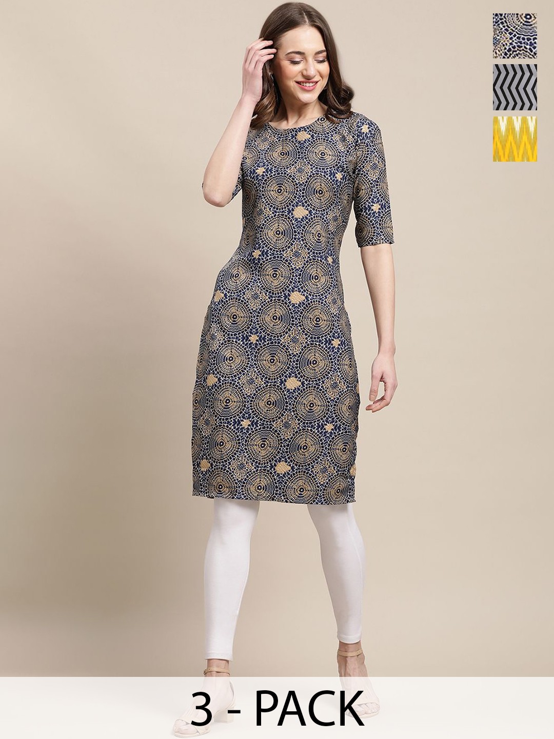 

7Threads Selections Of 3 Geometric Printed Straight Kurtas, Blue