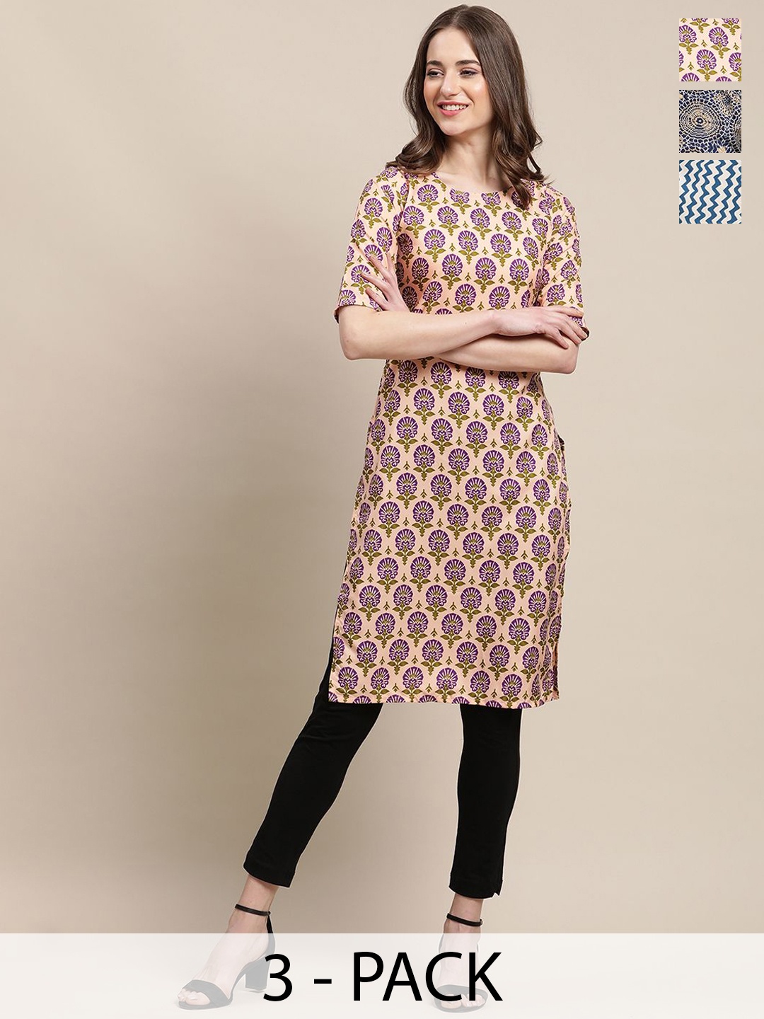 

7Threads Selection Of 3 Floral Printed Round Neck Straight Kurtas, Beige