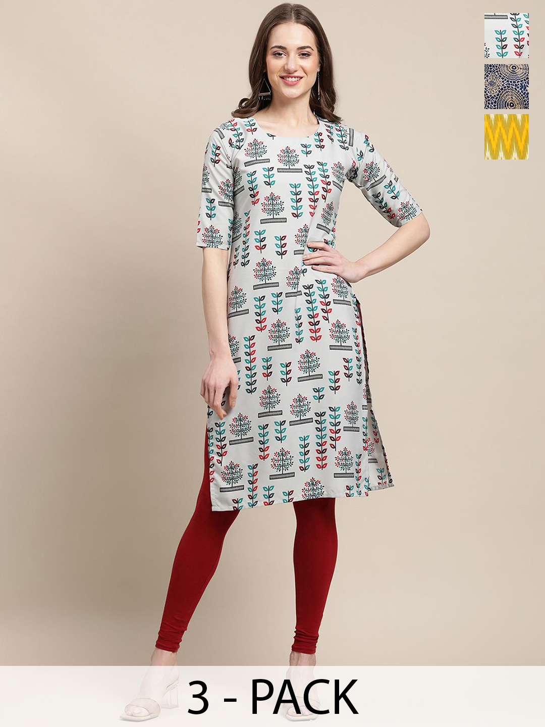 

7Threads Pack of 3 Ethnic Motifs Printed Round Neck Kurtas, Off white
