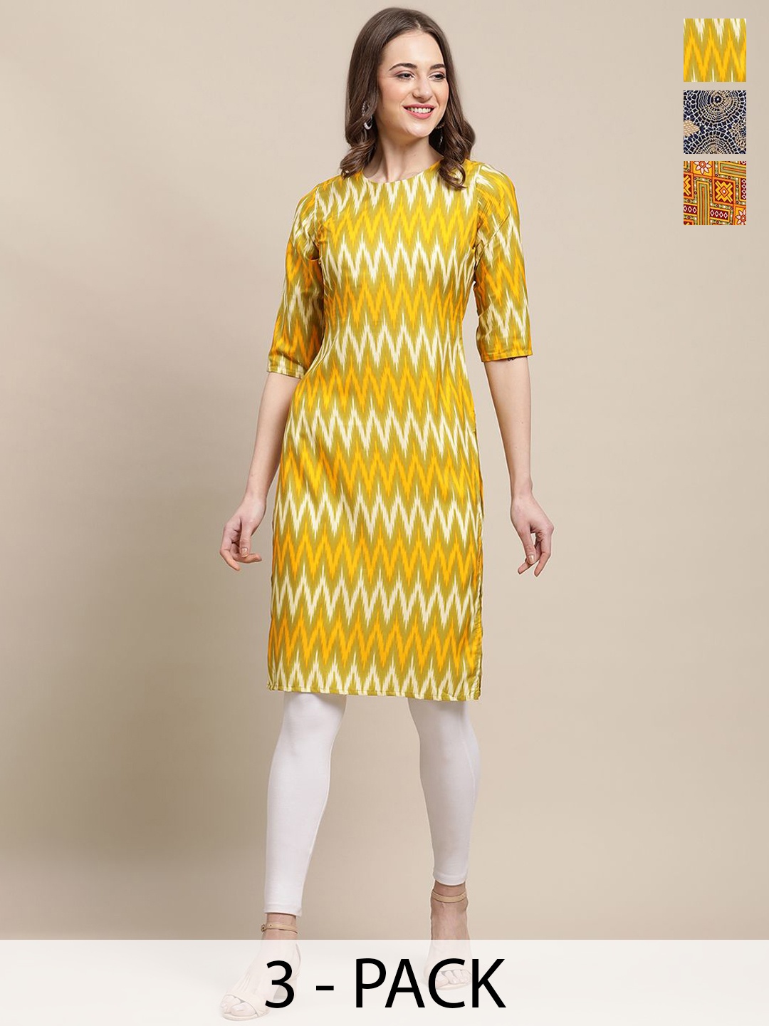 

7Threads Selection Of 3 Chevron Printed Round Neck Crepe Straight Kurta, Yellow