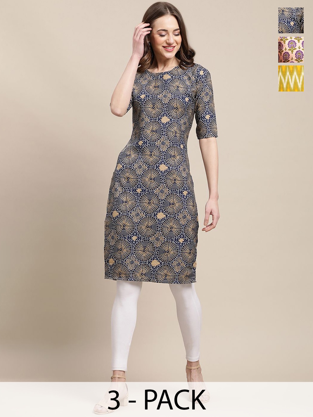 

7Threads Pack of 3 Ethnic Motifs Printed Round Neck Kurtas, Multi
