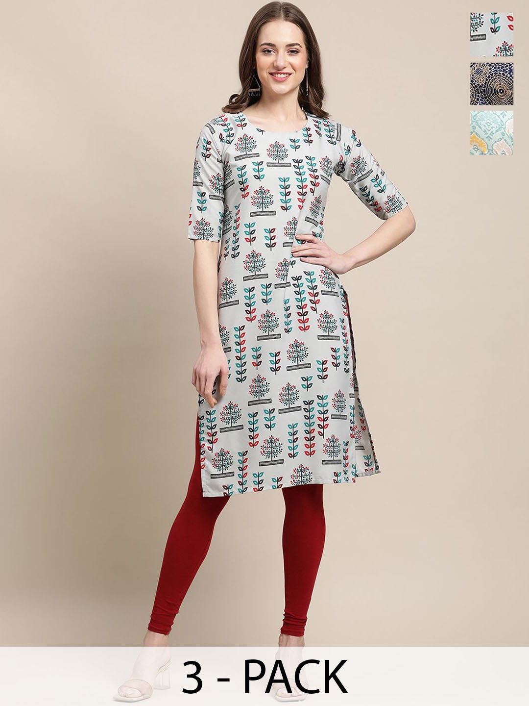 

7Threads Selection Of 3 Ethnic Motifs Printed Straight Kurtas, Blue