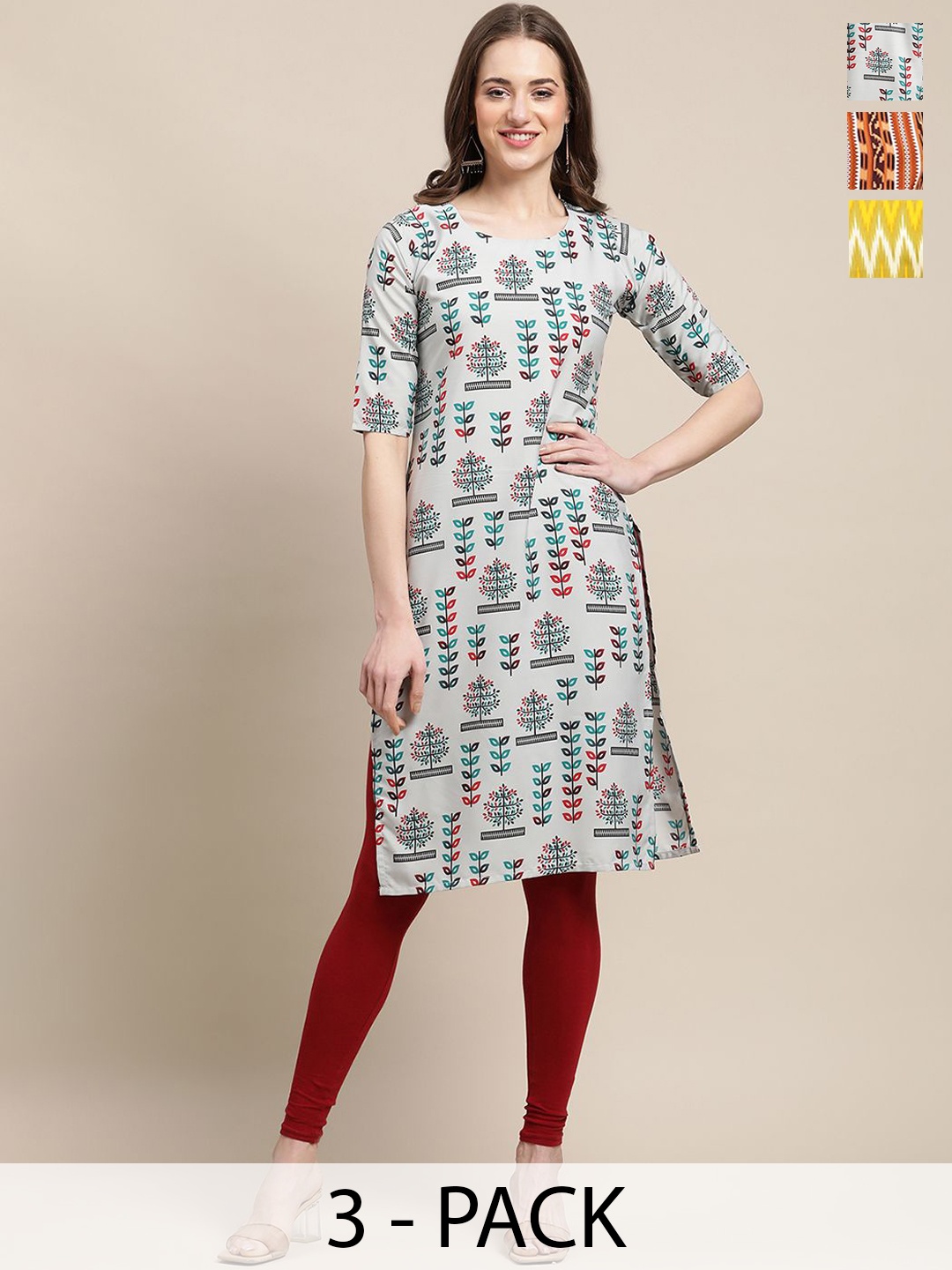 

7Threads Selection of 3 Floral Printed Round Neck Kurtas, Off white