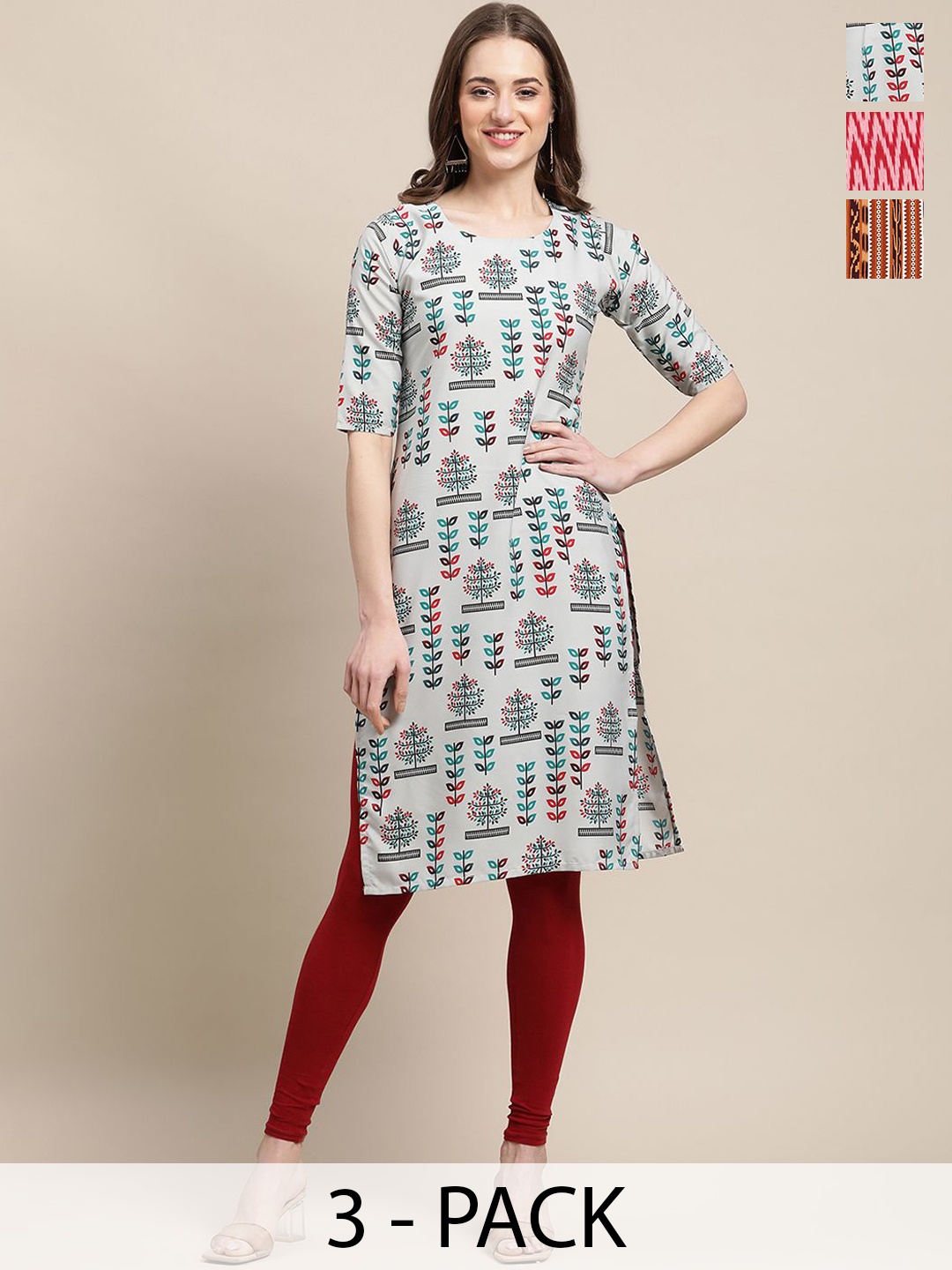 

7Threads Pack Of 3 Ethnic Motifs Printed Round Neck Straight Crepe Kurta, Grey