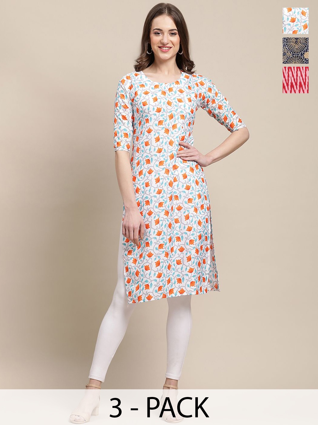 

7Threads Selection Of 3 Floral Printed Straight Kurta, Blue