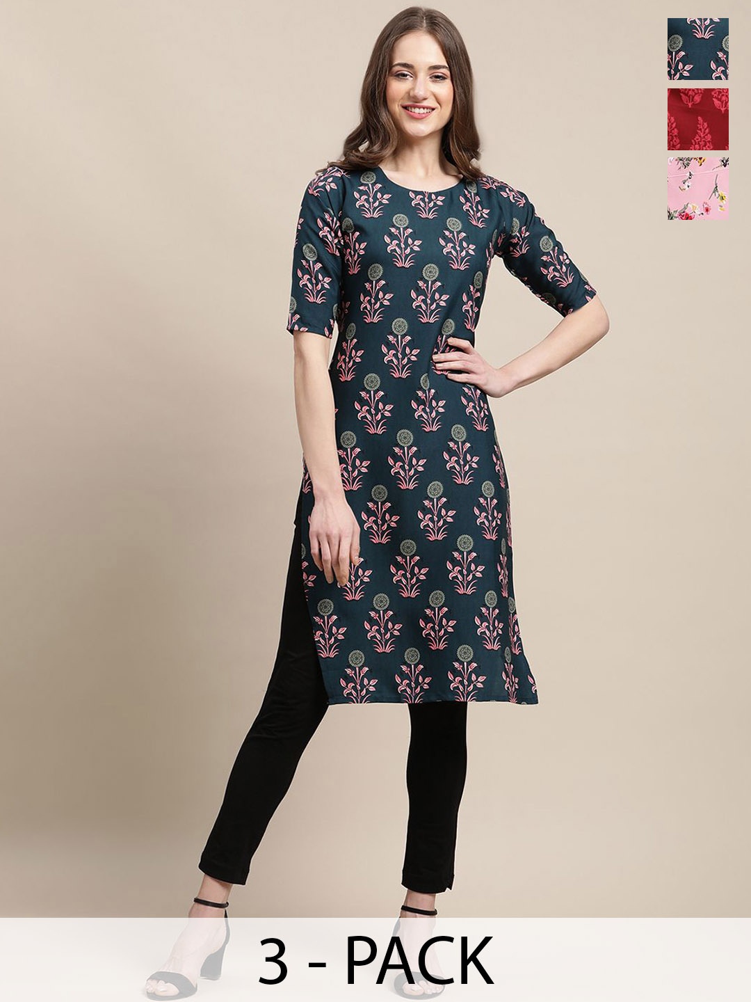 

7Threads Selection Of 3 Floral Printed Straight Kurtas, Green