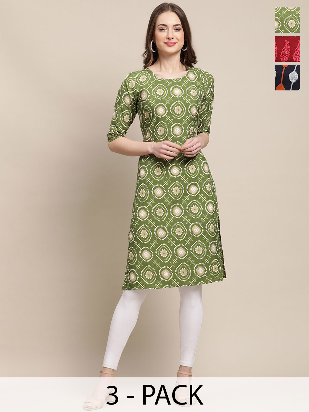 

7Threads Selection Of 2 Floral Printed Round Neck Straight Kurta, Green