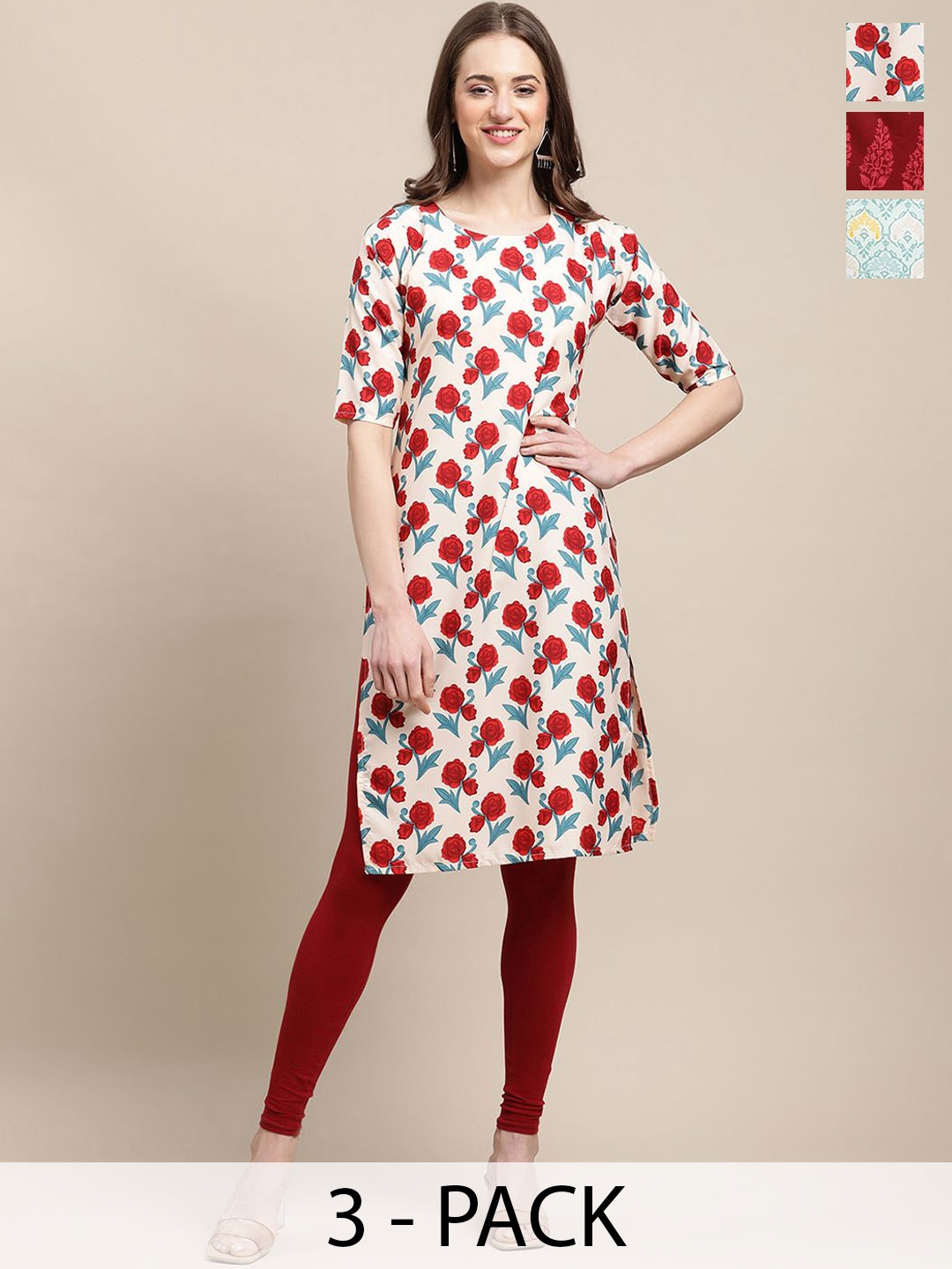 

7Threads Selection Of 3 Ethnic Motifs Printed Straight Kurtas, Off white