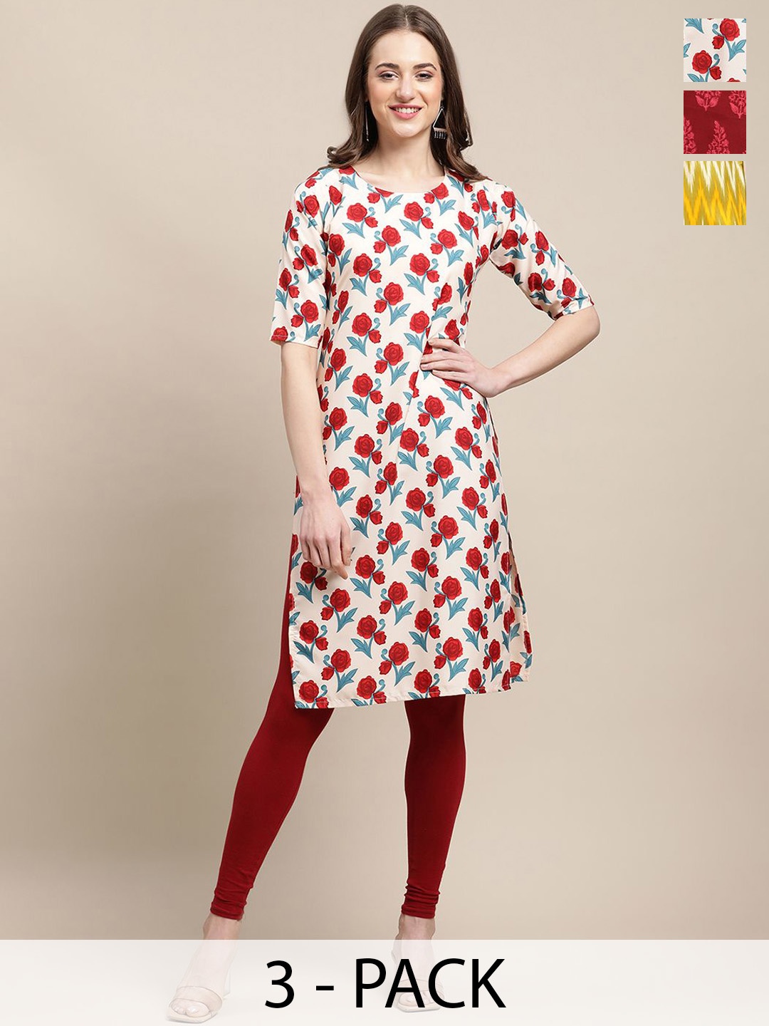 

7Threads Selection Of 3 Ethnic Motifs Printed Round Neck Crepe Straight Kurta, Red