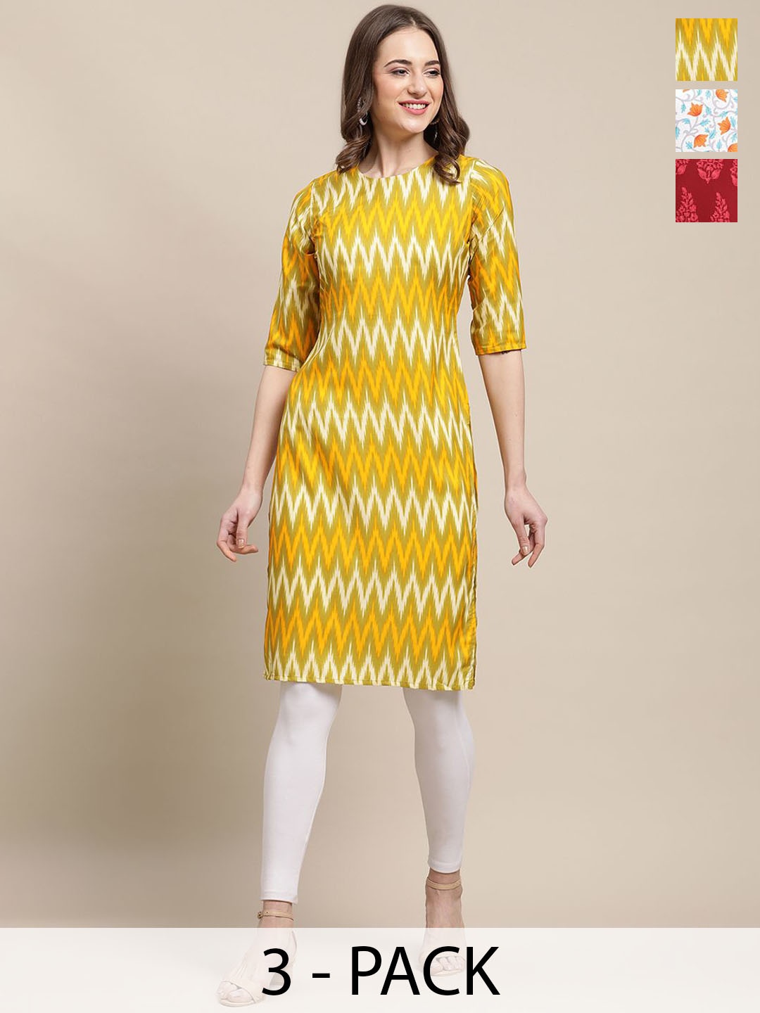 

7Threads Selection Of 3 Ethnic Motifs Round Neck Straight Kurtas, Yellow