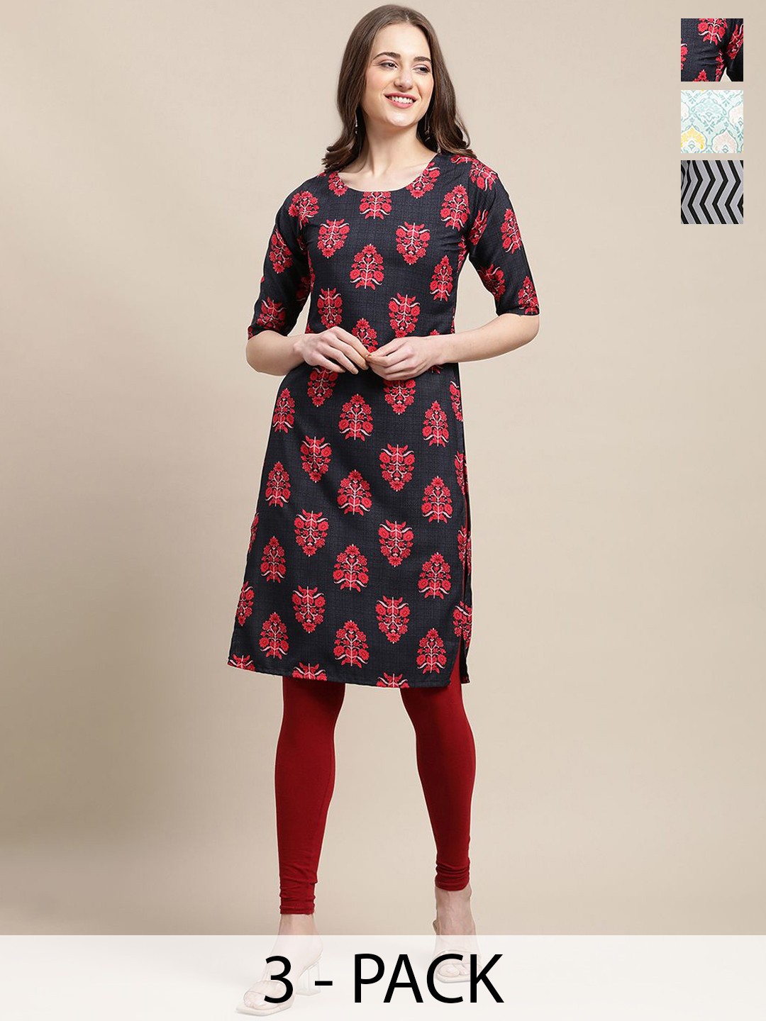 

7Threads Selection of 3 Floral Printed Straight Kurtas, Black