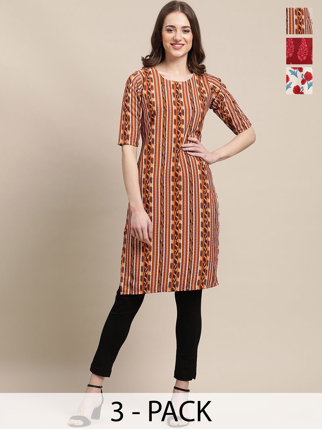 

7Threads Selection Of 3 Ethnic Motifs & Floral Printed Crepe Straight Kurtas, Brown