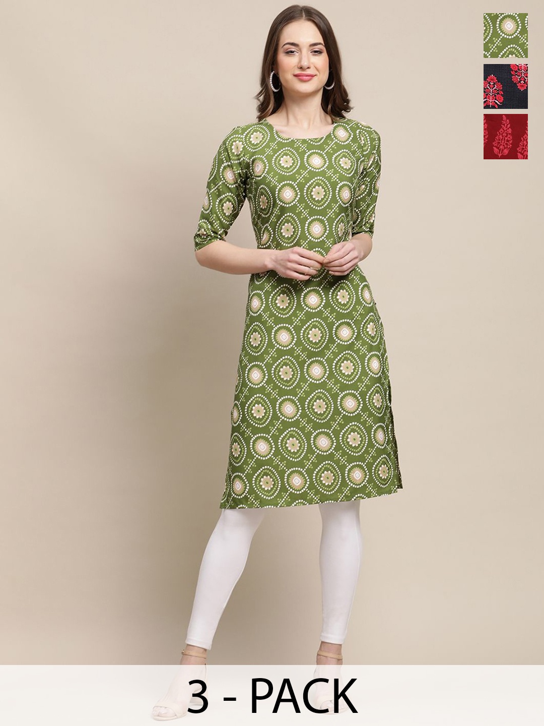 

7Threads Selection of 3 Geometric & Floral Printed Straight Kurtas, Green