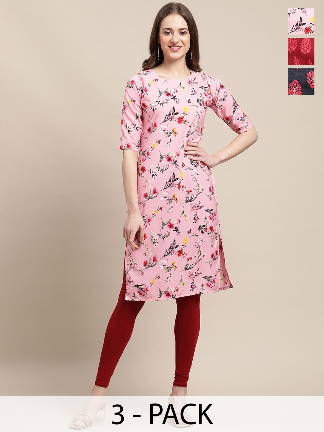 

7Threads Pack Of 3 Floral Printed Round Neck Straight Crepe Kurta, Pink