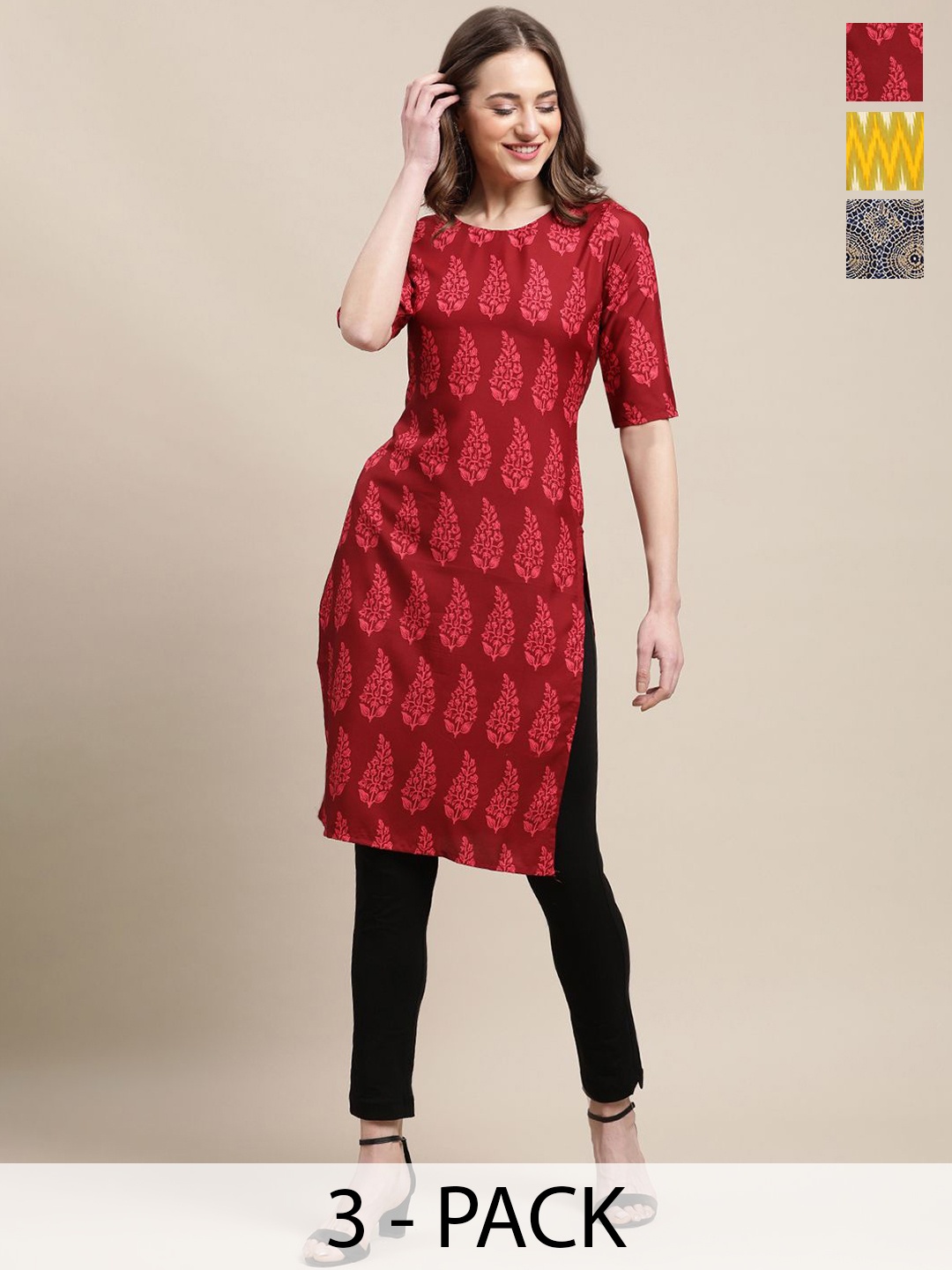 

7Threads Selection Of 3 Ethnic Motifs Printed Round Neck Straight Kurtas, Red