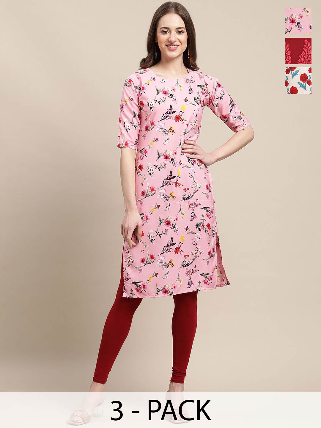 

7Threads Selection Of 3 Floral Printed Round Neck Crepe Straight Kurta, Pink