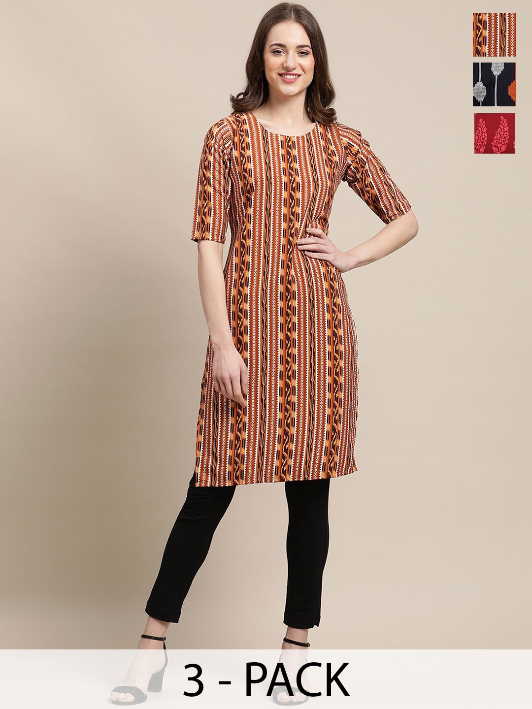 

7Threads Selection Of 3 Geometric printed Round Neck Straight Kurtas, Orange