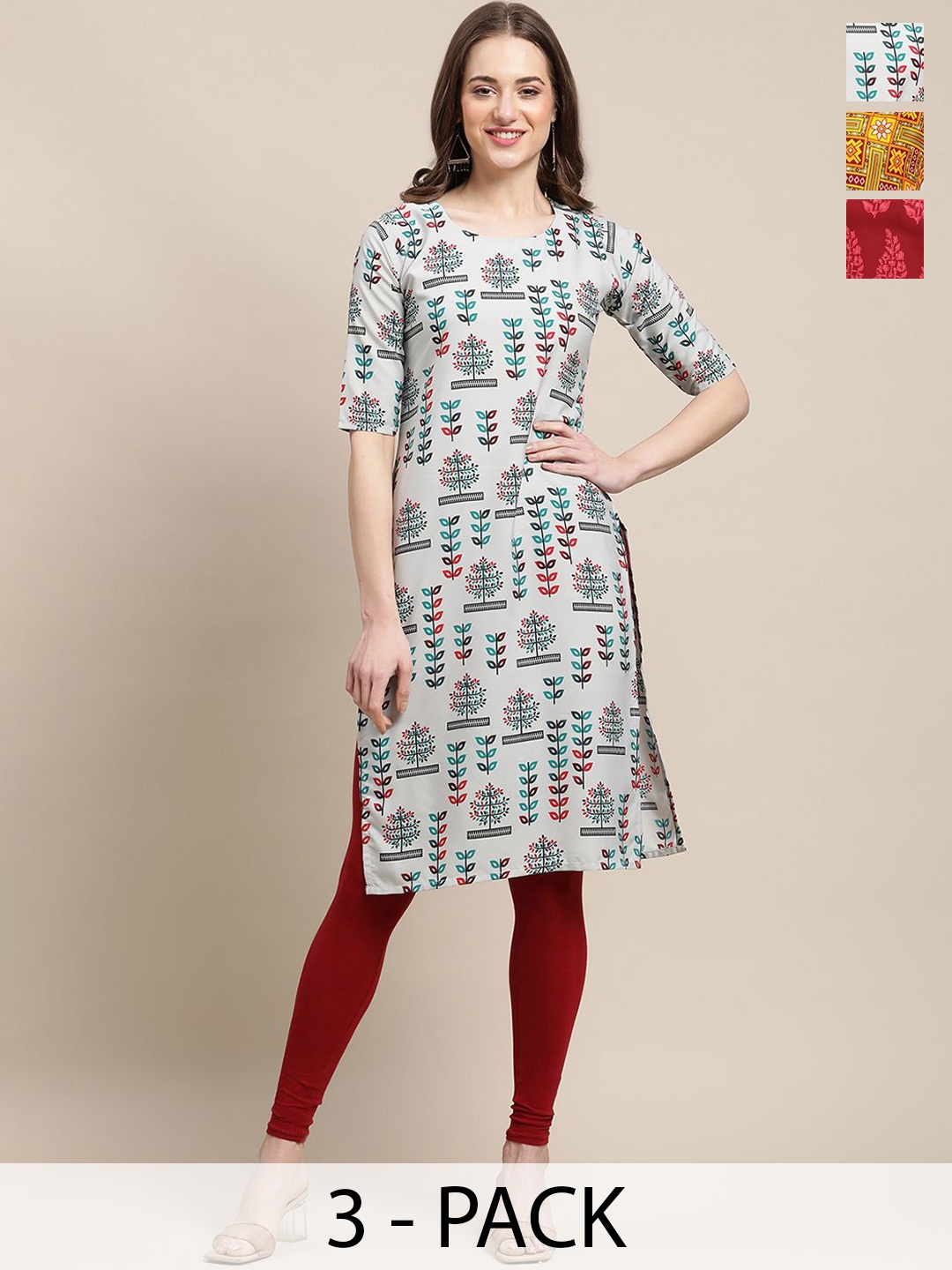 

7Threads Selection of 3 Ethnic Motifs Printed Crepe Straight Kurta, Grey