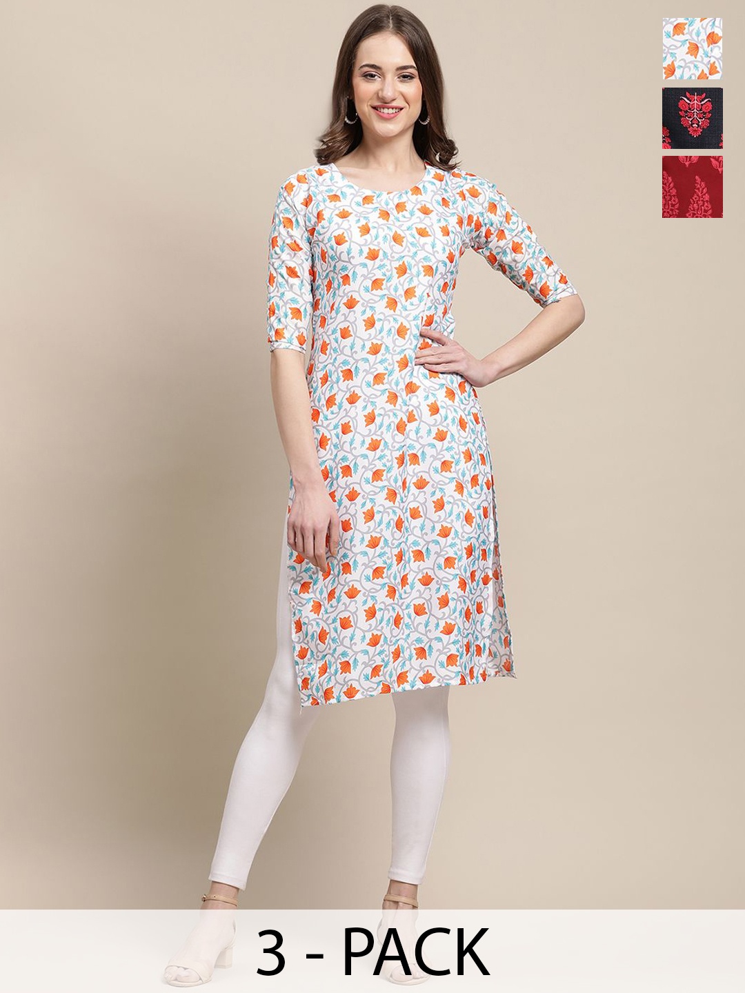

7Threads Selection Of 3 Floral Printed Round Neck Kurtas, White