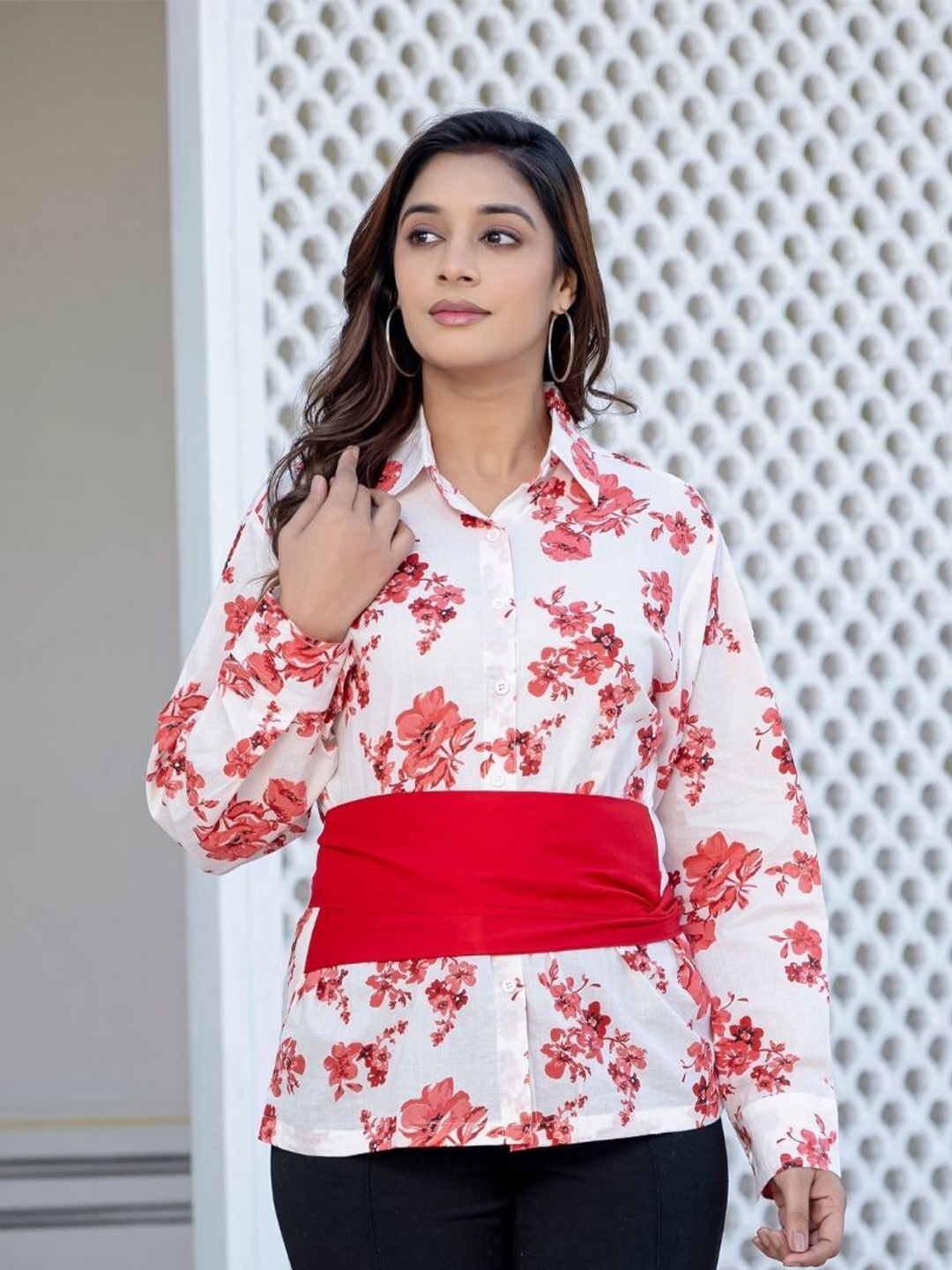 

SAADGEE Women Comfort Fit Pure Cotton Floral Printed Casual Shirt With Bow, White