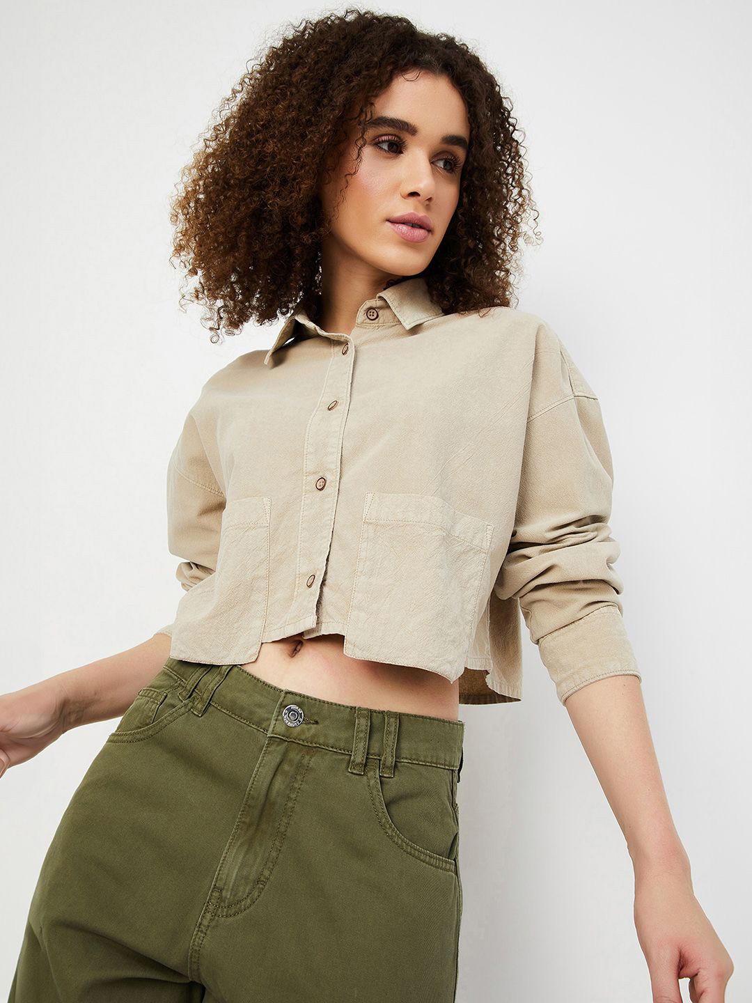 

max Women Spread Collar Solid Cotton Boxy Fit Casual Shirt, Beige