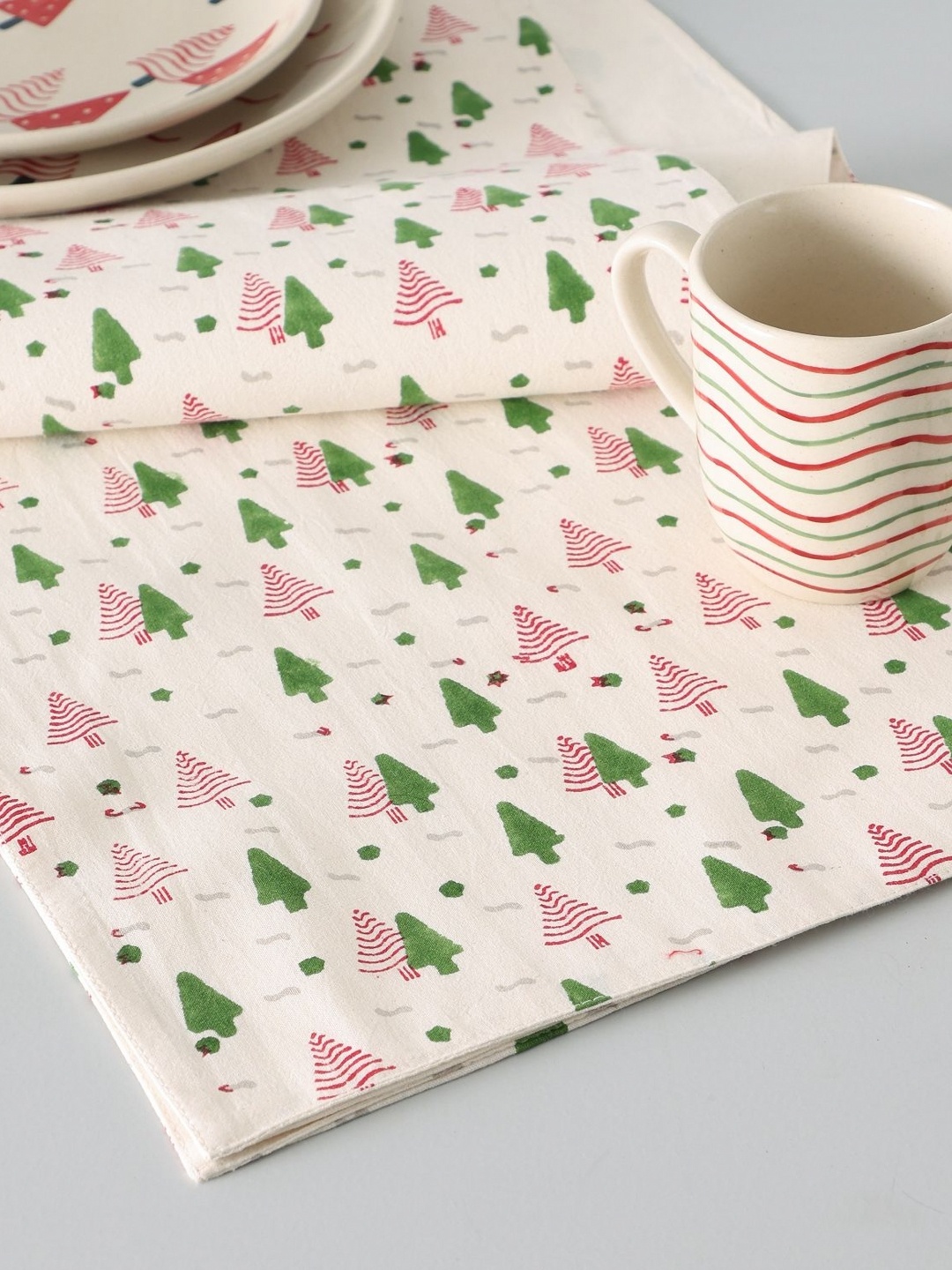 

Eyaas Green and Red Christmas Tree Block Printed Cotton Table Runner, Off white