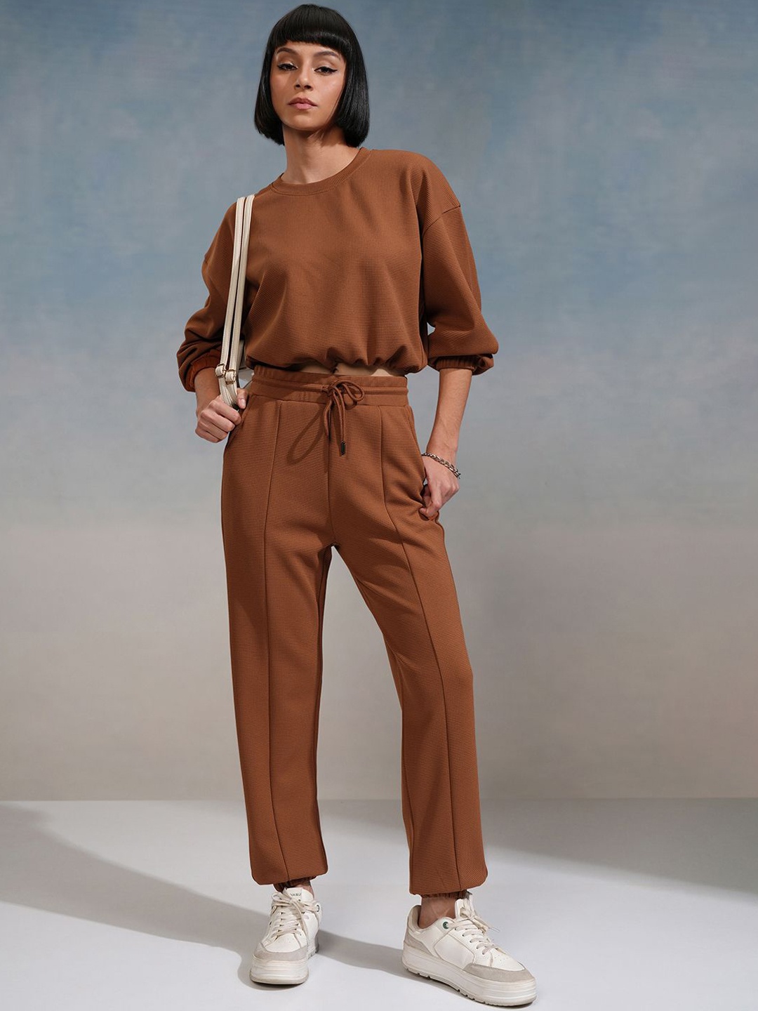 

Basics By Tokyo Talkies Women Textured Top and Jogger Co Ord Set, Brown