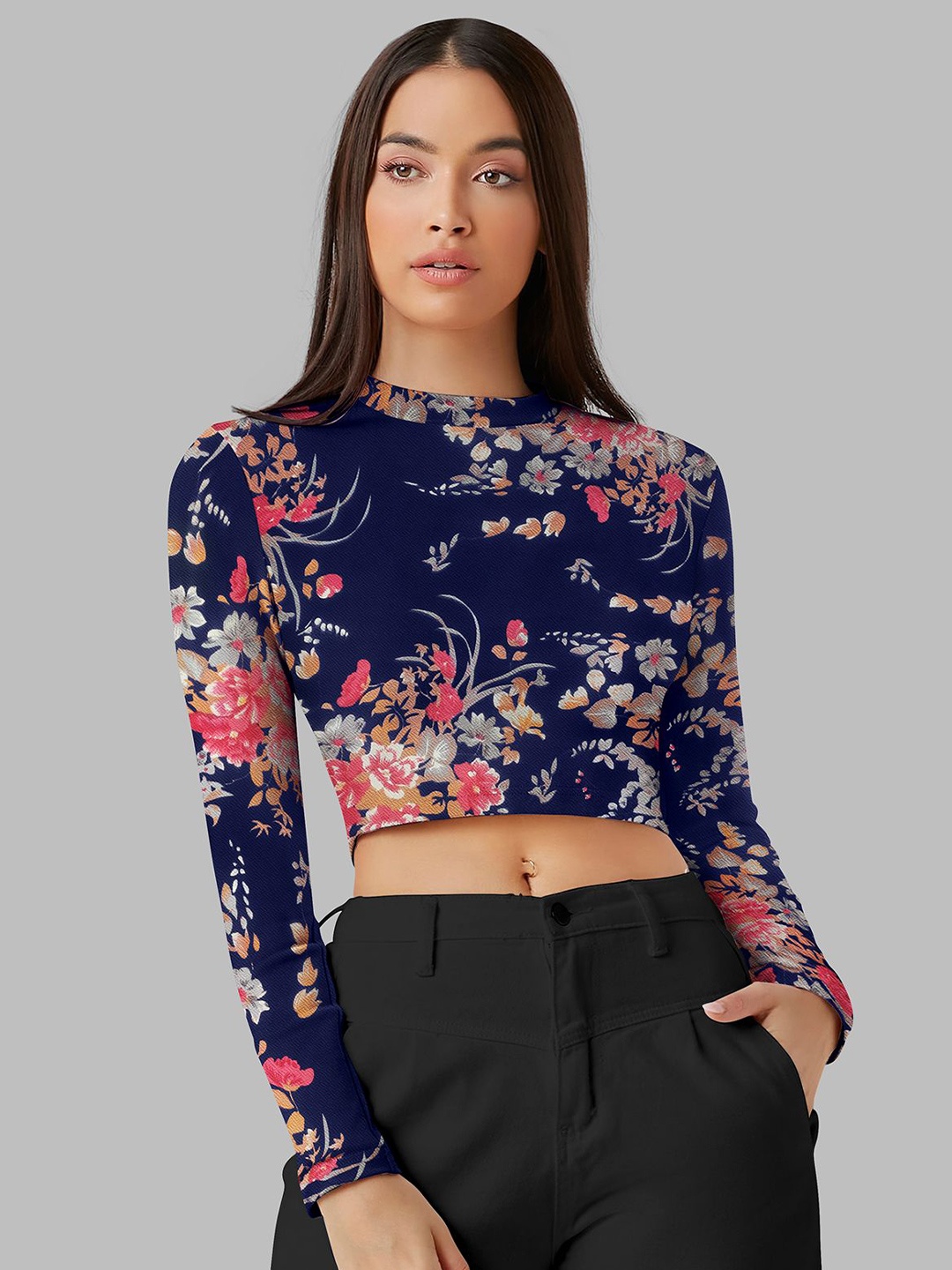 

NORZY PARIS Floral Printed Fitted Crop Top, Blue