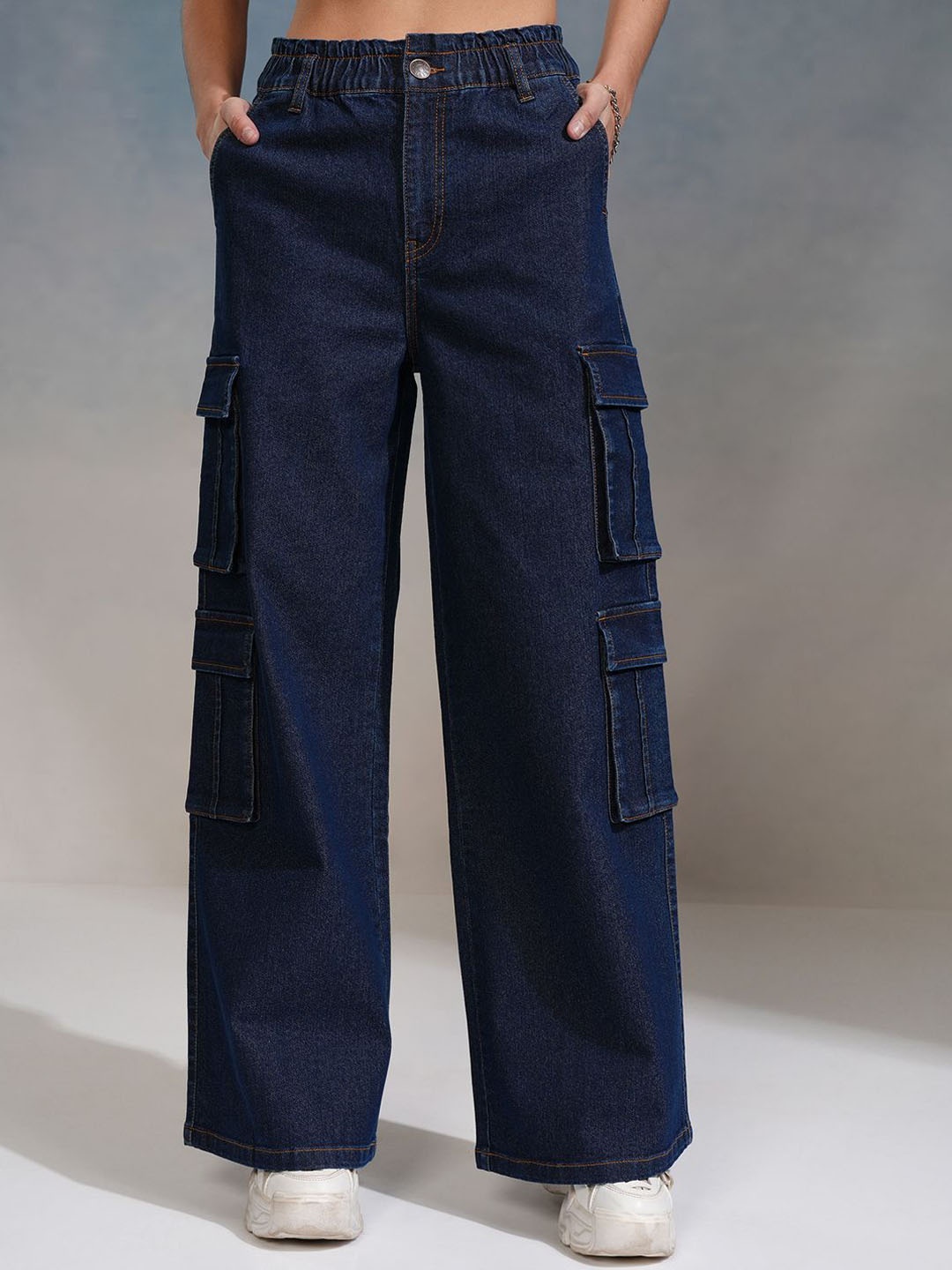 

Tokyo Talkies Women Straight Fit Cargo Jeans, Blue