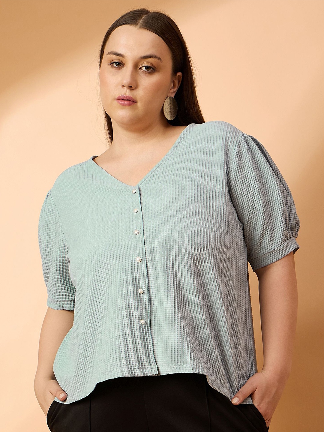 

all about you Women Plus Size V-Neck Puff Sleeve Shirt Style Top, Blue