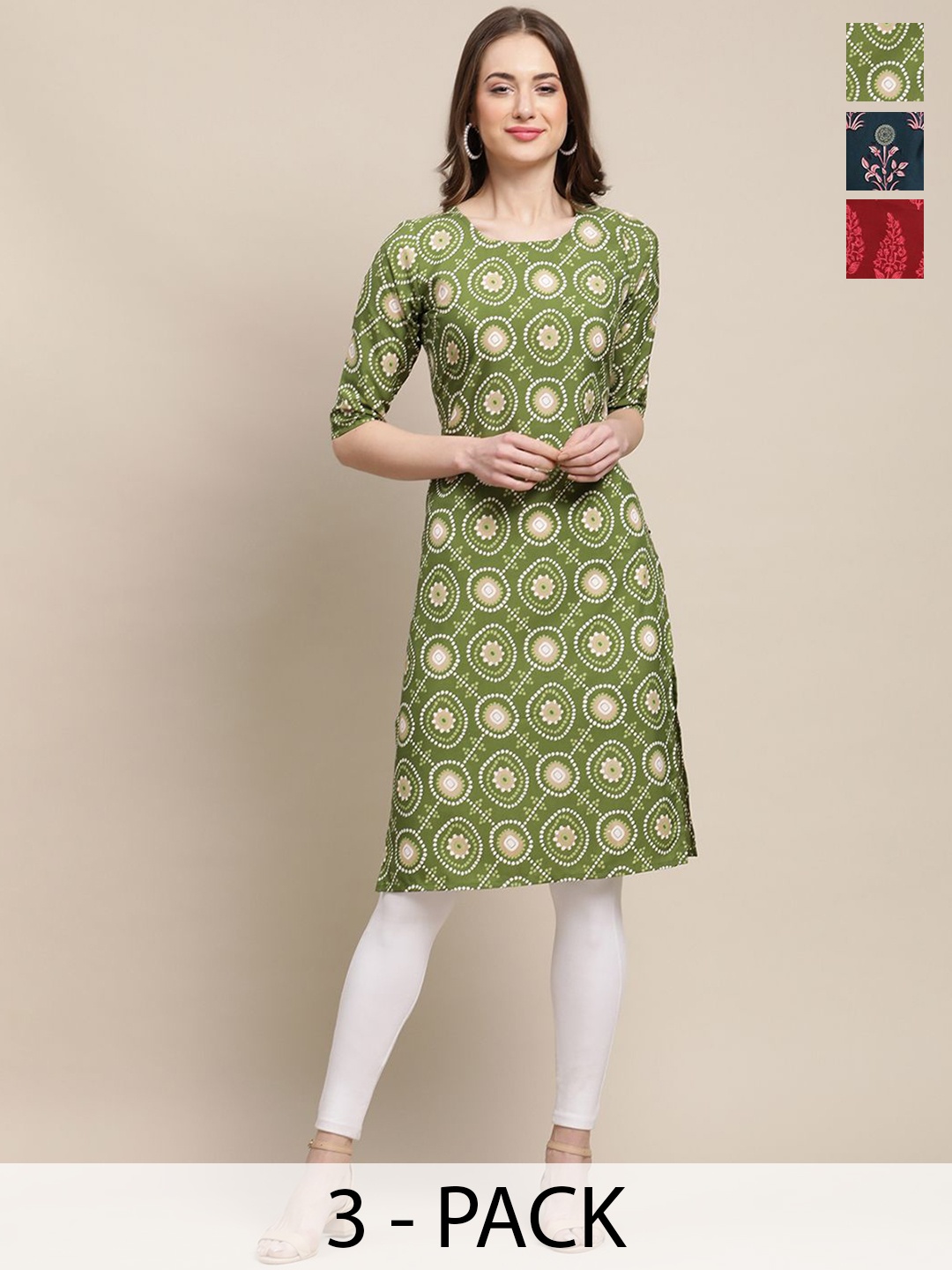 

7Threads Selection of 3 Geometric Printed Crepe Straight Kurta, Green