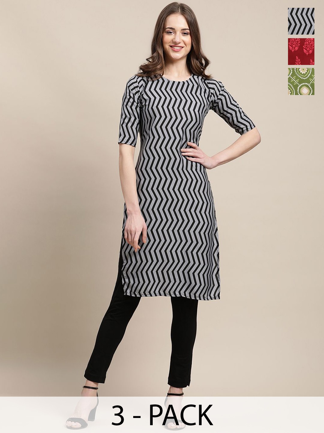 

7Threads Selection Of 3 Ethnic Motifs Printed Straight Kurtas, Grey
