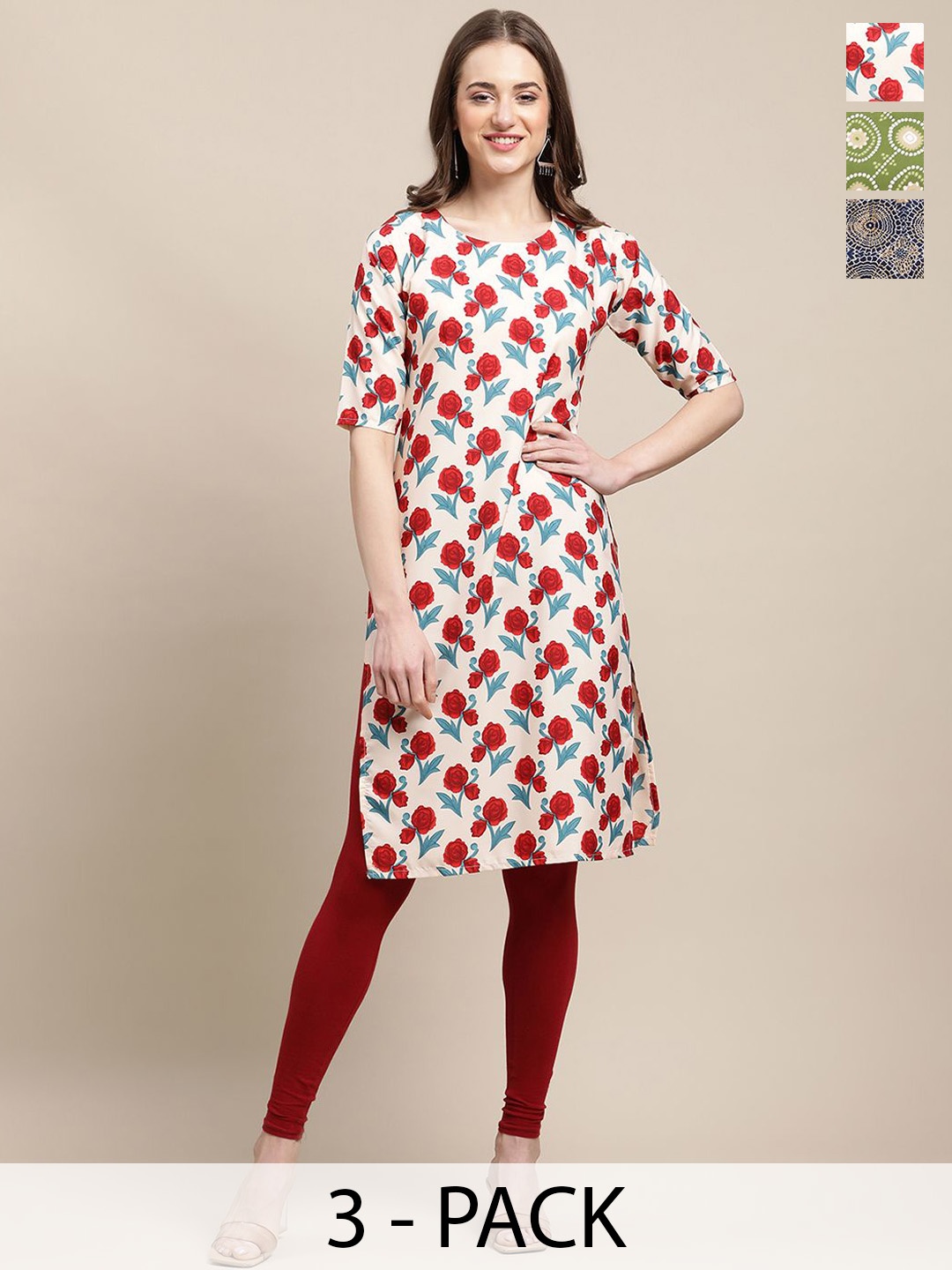 

7Threads Selection Of 3 Ethnic Motifs Printed Straight Kurtas, Red