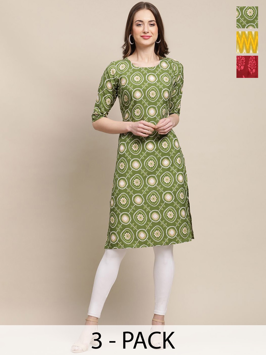 

7Threads Selection Of 3 Ethnic Motifs Printed Straight Kurtas, Red