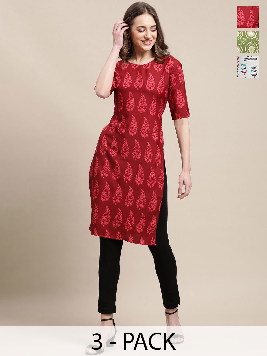 

7Threads Selection Of 3 Ethnic Motifs Printed Round Neck Straight Crepe Kurtas, Red