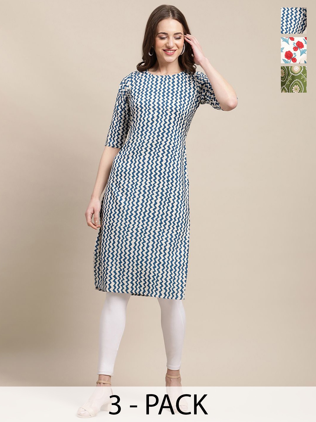 

7Threads Selections Of 3 Ethnic Motifs Printed Straight Kurtas, Blue
