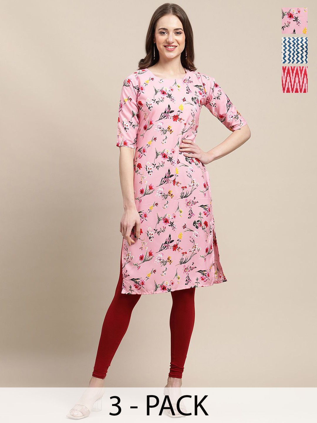 

7Threads Selection Of 3 Floral Printed Straight Kurta, Pink