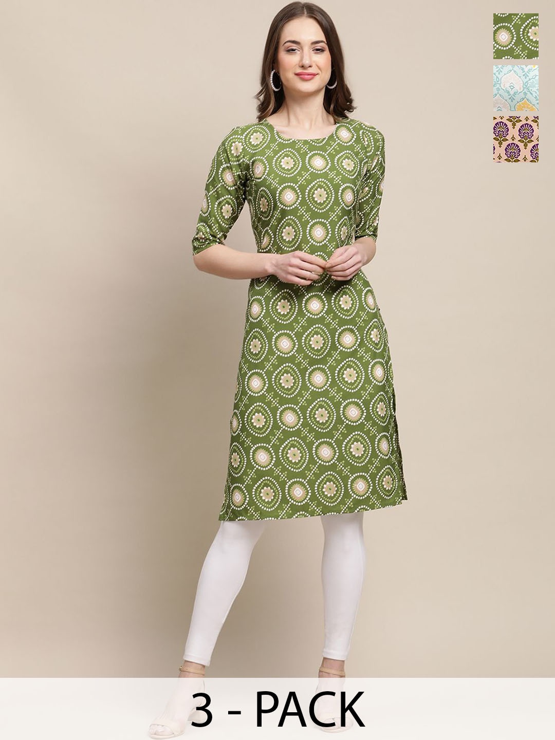 

7Threads Selections Of 3 Ethnic Motifs Printed Straight Kurta, Green