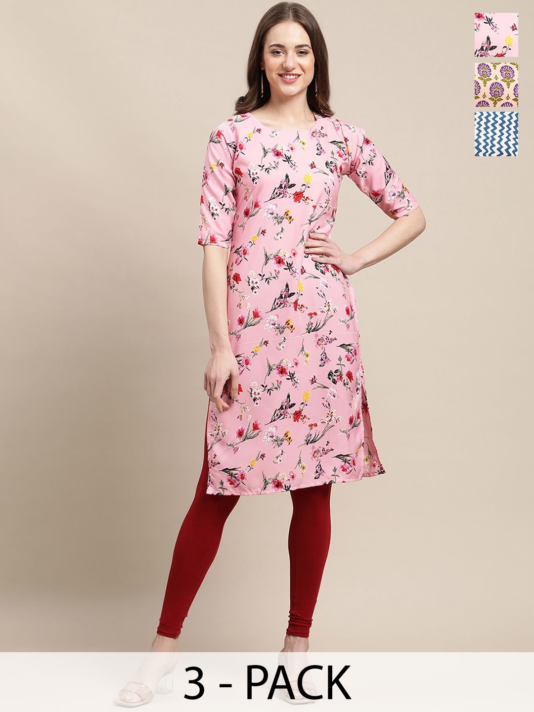 

7Threads Selection Of 3 Chevron Printed Round Neck Crepe Straight Kurta, Pink