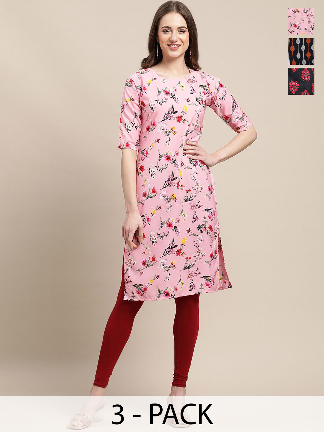 

7Threads Selection of 3 Floral Printed Straight Kurtas, Pink