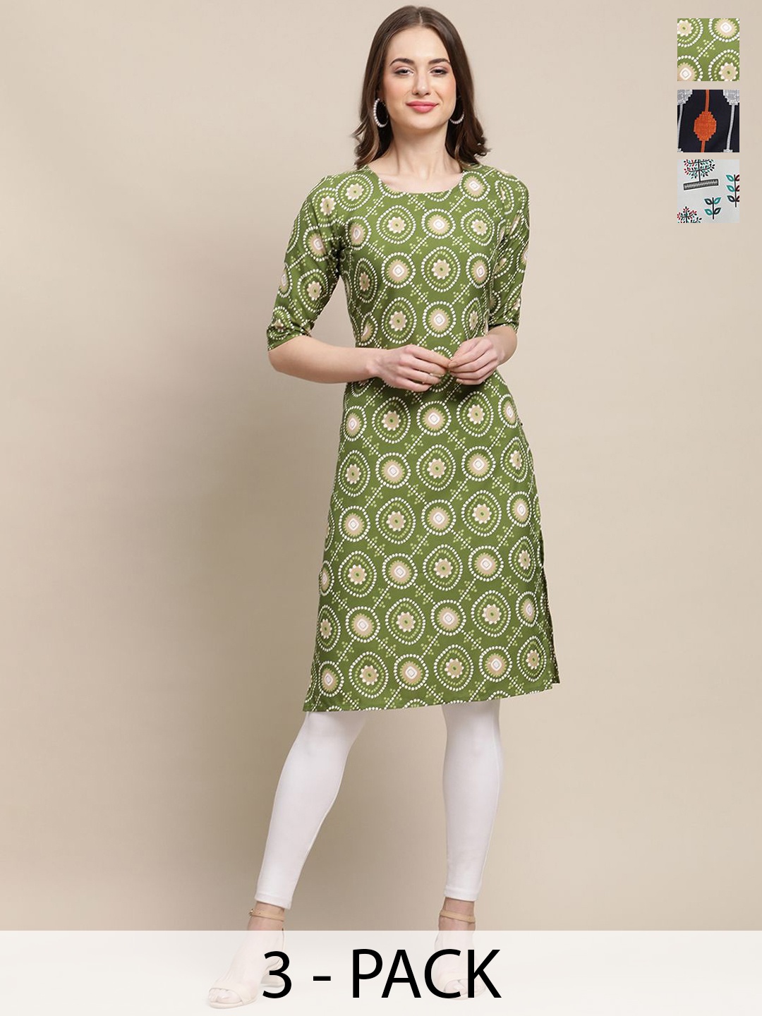 

7Threads Set Of 3 Ethnic Motifs Printed Round Neck Machine Weave Straight Kurta, Green