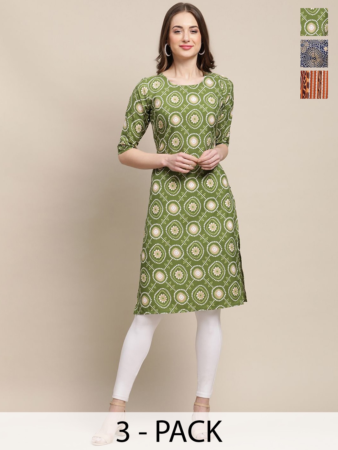 

7Threads Selection Of 3 Floral Printed Round Neck Straight Kurta, Green