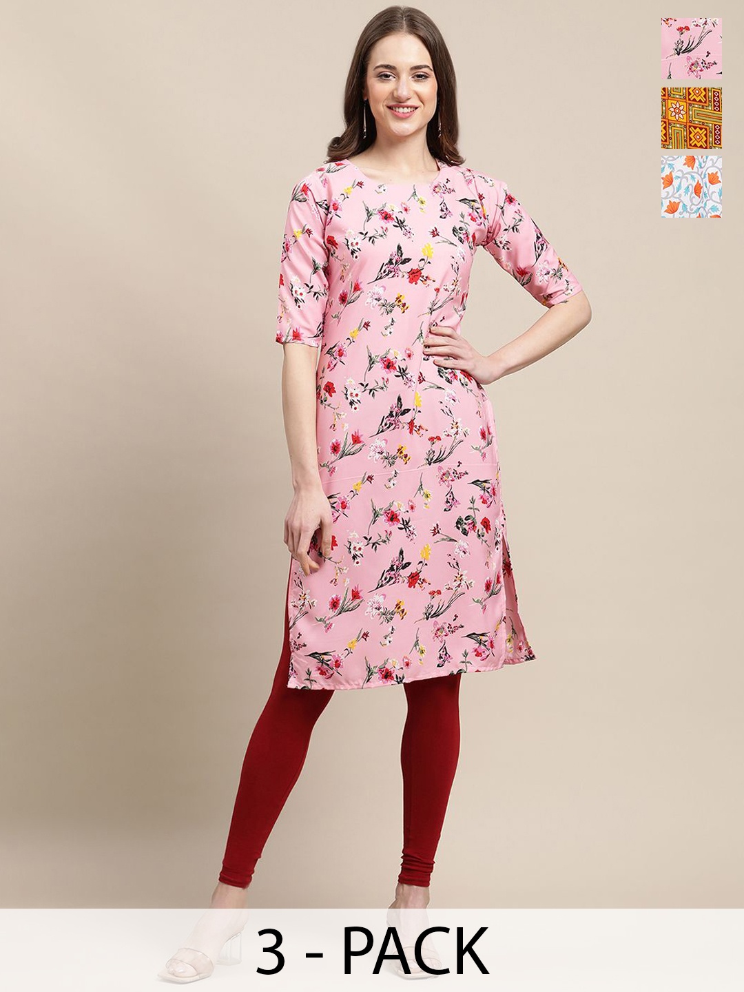 

7Threads Selection Of 3 Floral Printed Straight Kurta, Pink